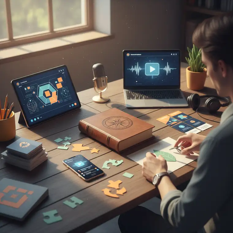 Proces content recyklingu – mapa przepływu treści od artykułu blogowego do wideo, podcastu i postów social media