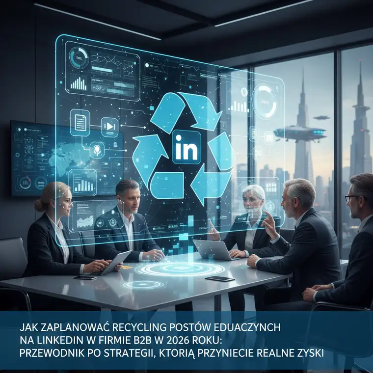Specjalistka ds. marketingu analizuje wyniki recyklingu treści edukacyjnych na LinkedIn w 2026 roku na ekranie komputera