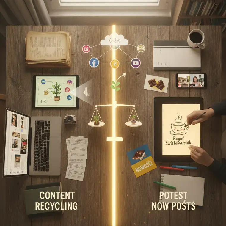Nowe posty i recykling treści w social media tworzone przez mały biznes na smartfonie i laptopie, planowanie strategii content marketingu