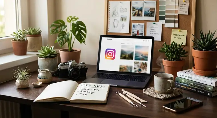 Kreatywne stanowisko pracy z telefonem i notatnikiem, planowanie estetycznych treści na anonimowe konto na Instagramie